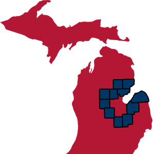 A county map of Michigan with selected counties in a different color